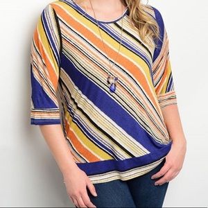 Blue & Orange Striped Side-Slit Blouse EUC